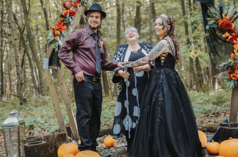 Longton wood wedding pagan pumpkin wedding black wedding dress laughter fun wedding celebrant sacred circle handfasting